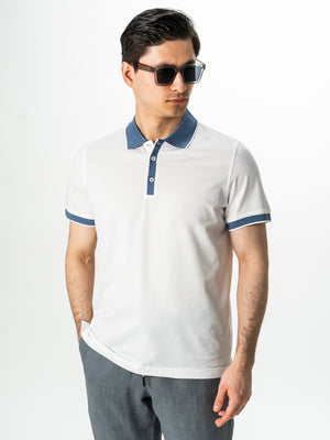 Tricou Barbati Polo Modern Alb Cu Guler Bleu Bumbac Natural BMan294