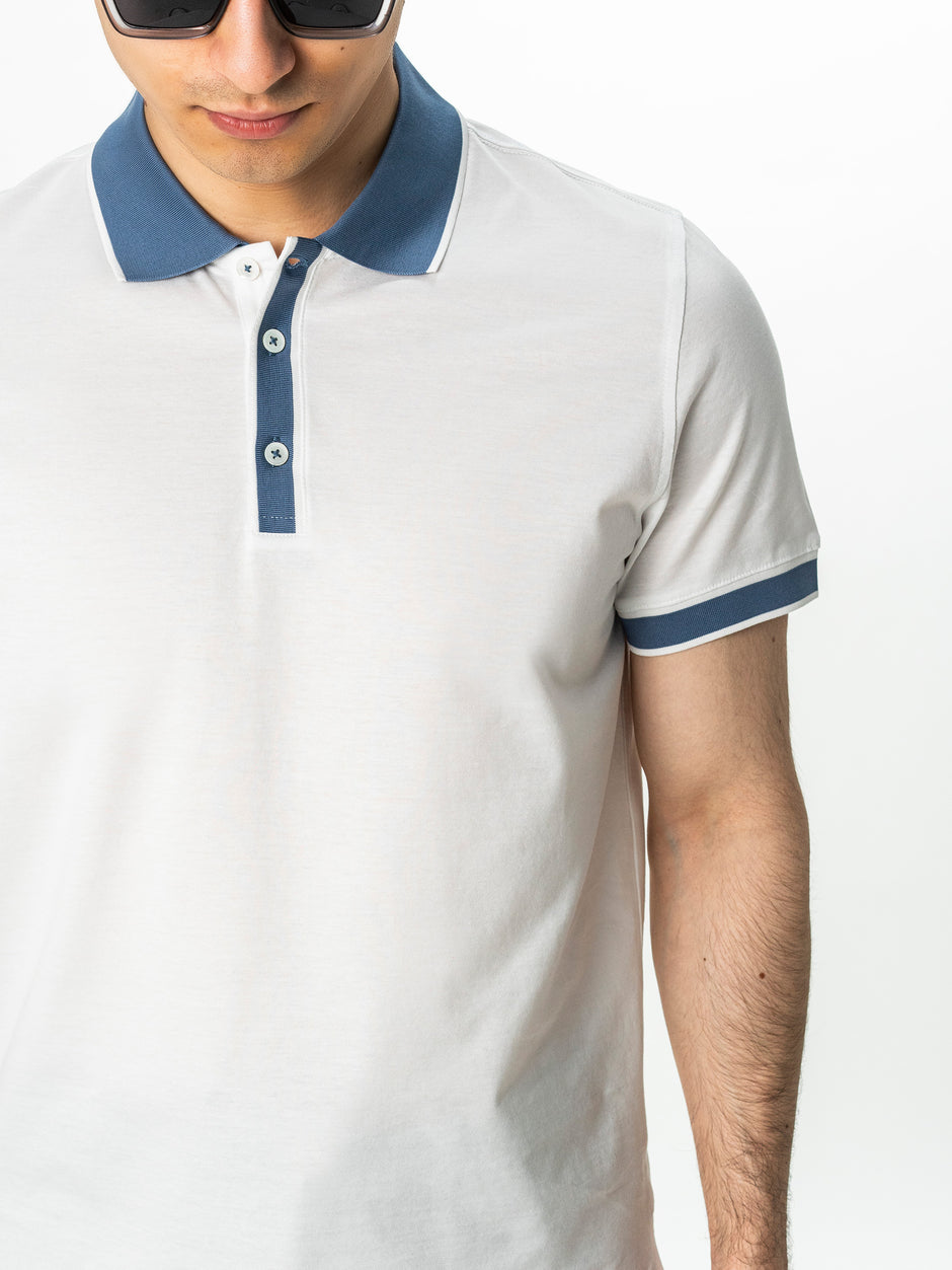 Tricou Barbati Polo Modern Alb Cu Guler Bleu Bumbac Natural BMan294 (5)