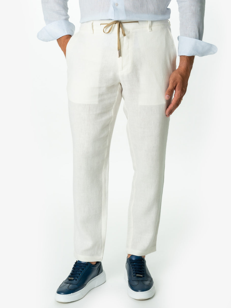 Pantaloni Albi Casual De Vara Cu Snur In Talie Barbati In Natural BMan714 (1)